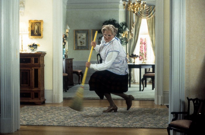 Robin Williams brooms in a scene from the film 'Mrs. Doubtfire', 1993. (Photo by 20th Century-Fox/Ge...