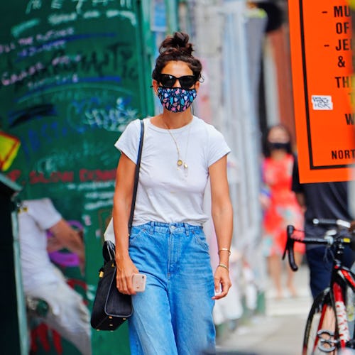 NEW YORK, NEW YORK - JULY 17: Katie Holmes wears a white top with denim jeans when out and about on ...