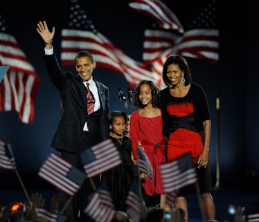 As the 44th President of the United States of America Barack Obama takes the stage, with his daughte...