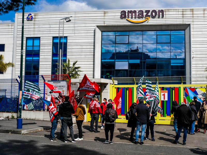 AMAZON HUB, AVERSA, CAMPANIA, ITALY - 2021/03/22: The Amazon hub workers protest in front of the mai...