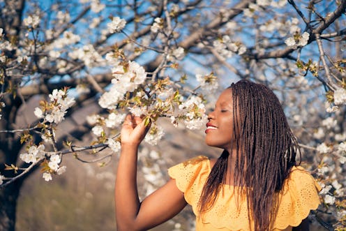 Portrait of a beautiful, young African woman enjoying the orchard in bloom, smelling the flowers.