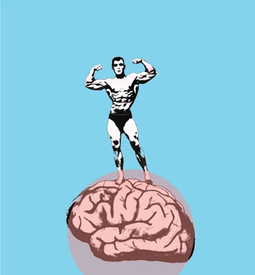 man flexing standing on brain illustration