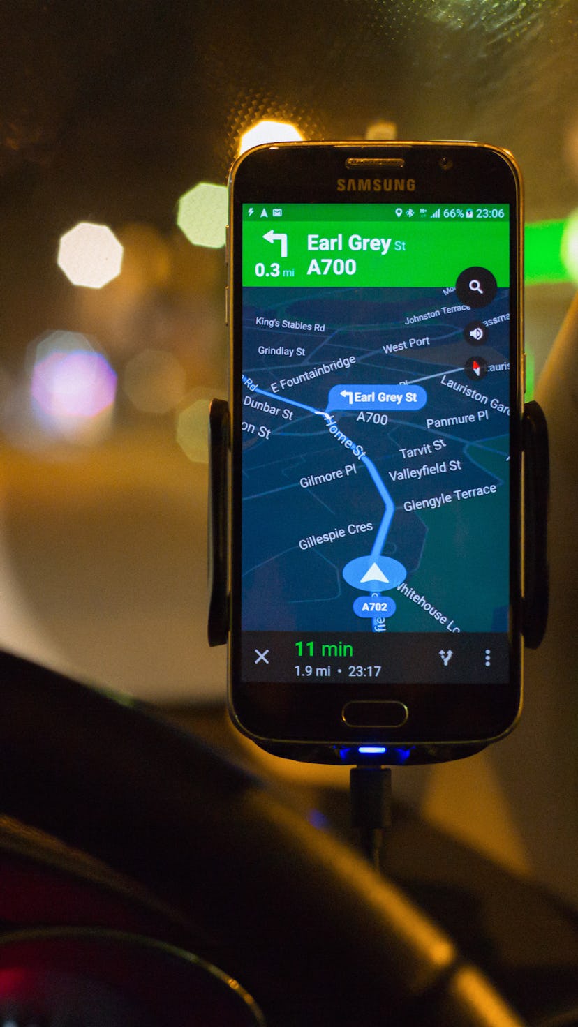 Edinburgh, UK - April 19, 2016:  Google Maps Navigation software running as an app on a Samsung S6 s...