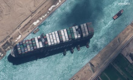 STUCK SHIP EVER GIVEN, SUEZ CANAL -- MARCH 29, 2021: Maxar new high-resolution satellite imagery of...