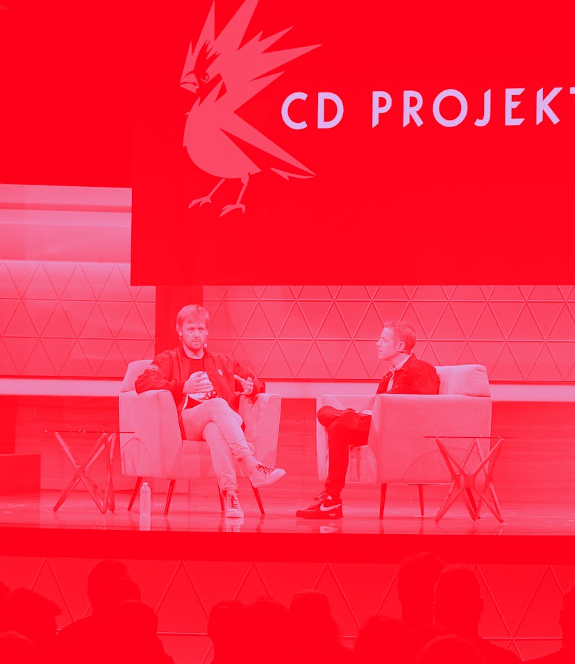 LOS ANGELES, CALIFORNIA - JUNE 12: Marcin Iwiński and Geoff Keighley speak onstage at the CD Projekt...