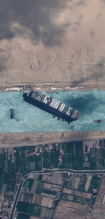 STUCK SHIP EVER GIVEN, SUEZ CANAL -- MARCH 29, 2021:  Maxar new high-resolution satellite imagery of...