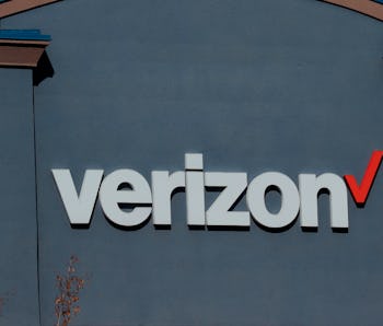 Close up of Verizon business logo on outside wall, northern Idaho. (Photo by: Don & Melinda Crawford...