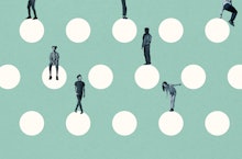 Young multi-ethnic male and female friends on white circles against turquoise background