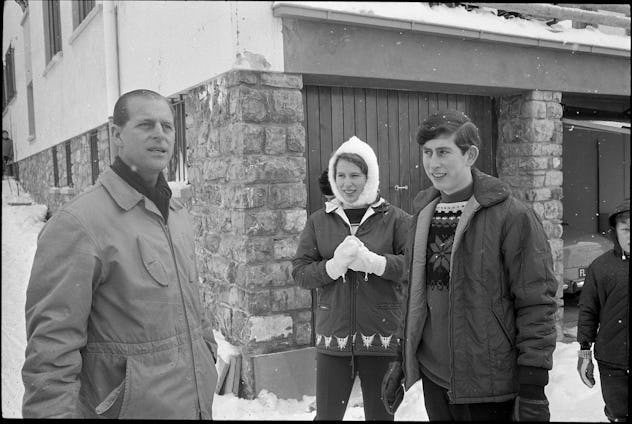 Prince Charles on a ski trip with Prince Charles and Princess Anne, 1965.