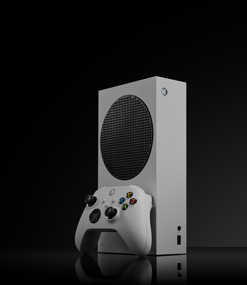 Microsoft's Xbox Series S pictured on a black background.