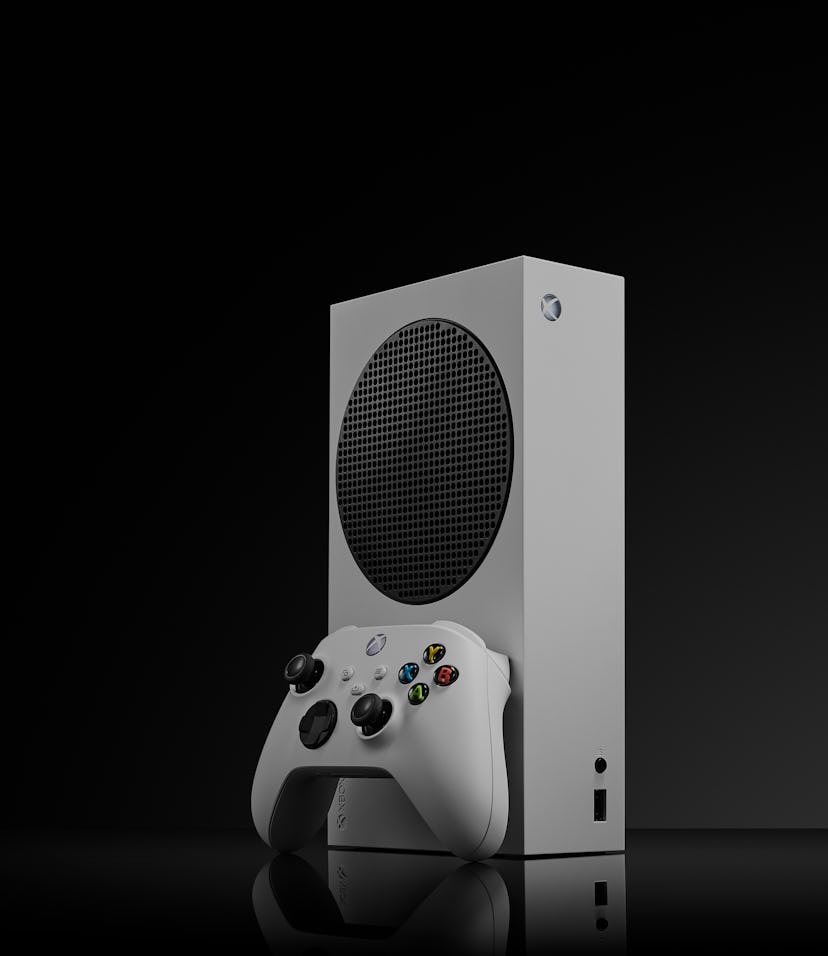 Microsoft's Xbox Series S pictured on a black background. 