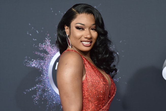 megan thee stallion wearing red sparkly dress