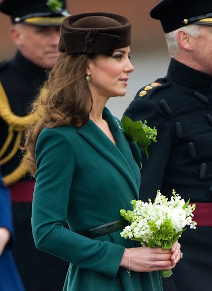 ALDERSHOT, ENGLAND - MARCH 17: Catherine, Duchess of Cambridge takes part in a St Patrick's Day para...