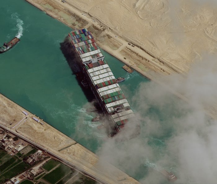 STUCK SHIP EVER GIVEN, SUEZ CANAL -- MARCH 29, 2021: Maxar new high-resolution satellite imagery of...