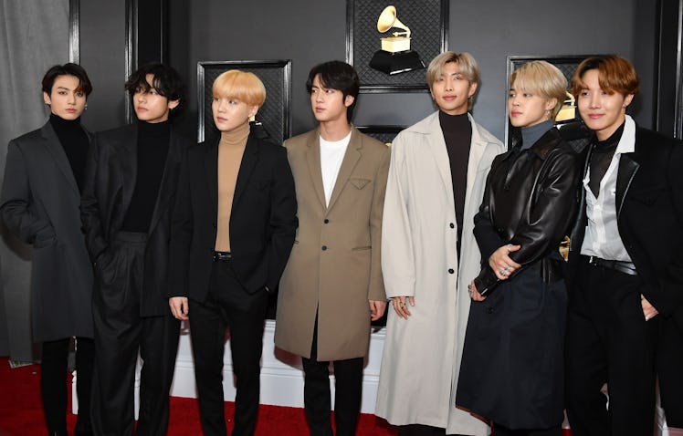 LOS ANGELES, CALIFORNIA - JANUARY 26: V, Suga, Jin, Jungkook, RM, Jimin, J-Hope of musical group BTS...