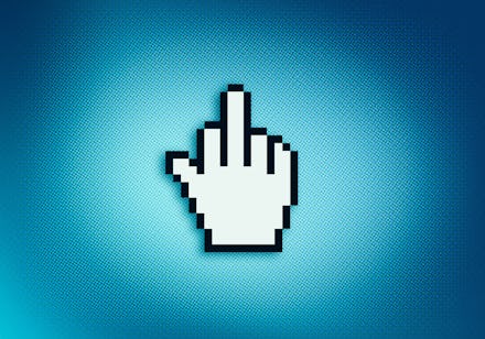 Close up of middle finger icon on computer screen