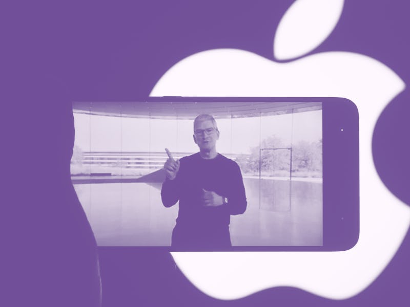 UKRAINE - 2020/10/13: In this photo illustration a screenshot of Apple's CEO Tim Cook from Apple's l...