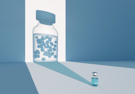 Digital generated image of COVID-19 vaccine bottle dropping shadow to wall and in transparency there...