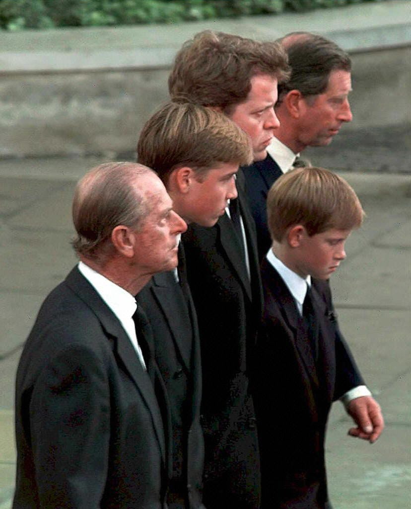 (From left) Prince Philip, Prince William, Earl Spencer, Diana's brother, Prince Harry, and Prince C...