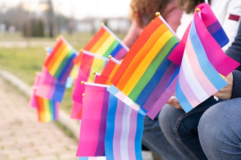 People sitting on a bench holding different flags for the protest defending the LGBTQ rights