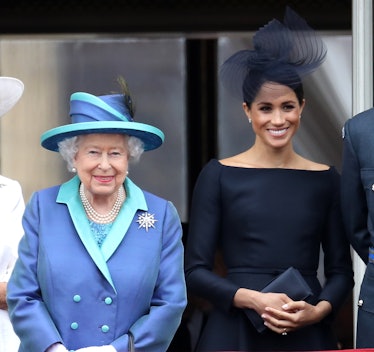 LONDON, ENGLAND - JULY 10: Queen Elizabeth II and Meghan, Duchess of Sussex on the balcony of Buckin...