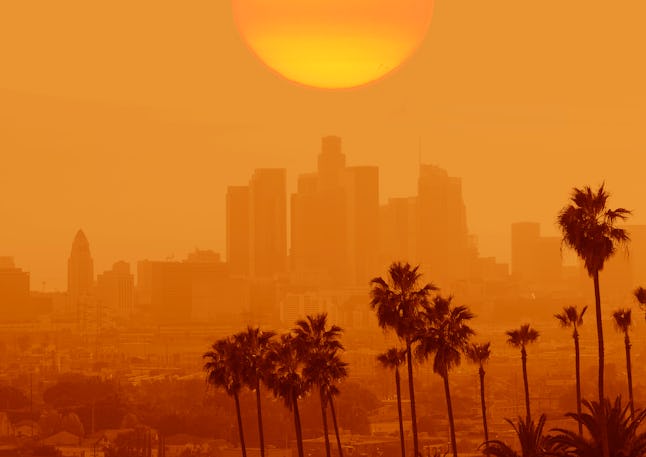 USA, California, Los Angeles , 04/04/2017 composite image alll logos and names on buildings have been removed. hazy air level, polluted smoky air.