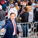 BEMIDJI, MN - SEPTEMBER 18: Mike Lindell (L), founder of My Pillow Inc., points to the crowd during a rally for President Donald Trump at the Bemidji Regional Airport on September 18, 2020 in Bemidji, Minnesota. Trump and challenger, Democratic presidential nominee and former Vice President Joe Biden, are both campaigning in Minnesota today. (Photo by Stephen Maturen/Getty Images)