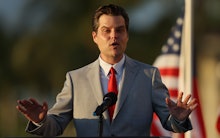 DORAL, FLORIDA - APRIL 09: Rep. Matt Gaetz (R-Fl) speaks during the "Save America Summit" at the Tru...