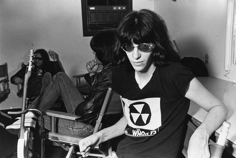 Singer Joey Ramone (1951 - 2001), of American punk group The Ramones, backstage at the Paradise Thea...