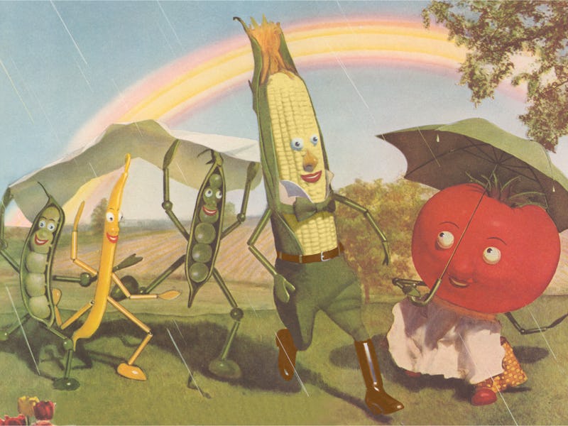 Joyful vegetables in a summer shower, a rainbow behind them. (Photo by Found Image Holdings Inc/Gett...