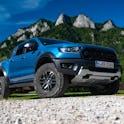 Cerveny Klastor, Slovakia - 28th August, 2020: Ford Ranger Raptor on a road in mountain scenery. Ranger is one of the most popular pickup vehicles in Europe.