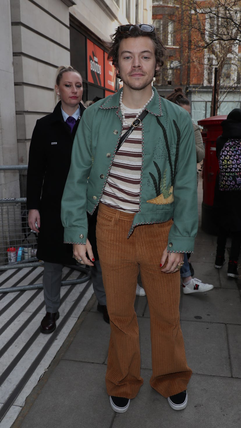 LONDON, ENGLAND - FEBRUARY 14: Harry Styles leaving BBC Radio 2 on February 14, 2020 in London, Eng...