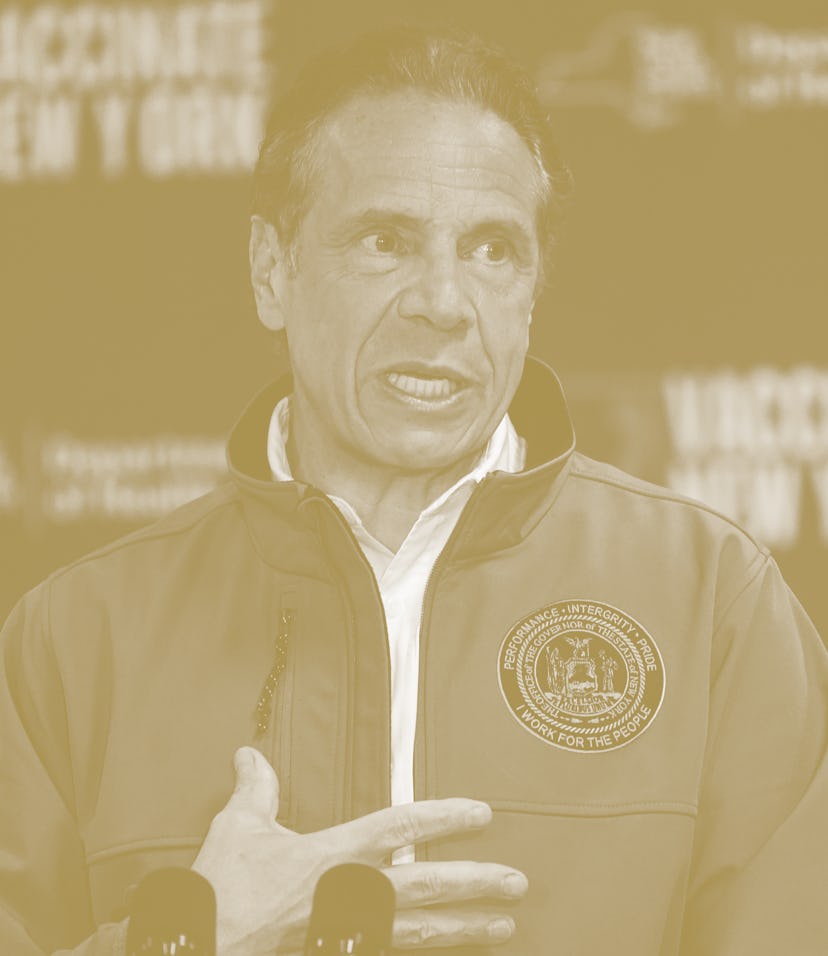 ELMONT, NY - APRIL 14: Gov. Andrew Cuomo speaks during a news conference, at a pop up COVID-19 vacci...