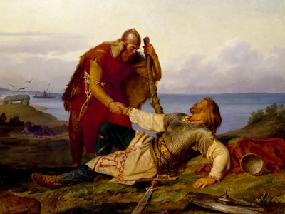 Hjalmar bids farewell to Örvar-Oddr after the Battle of Samsø, 1866. Found in the Collection of Nati...