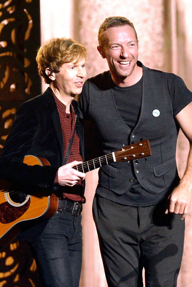 LOS ANGELES, CA - FEBRUARY 08: Recording artists Beck (L) and Chris Martin perform "Heart Is a Drum" onstage during The 57th Annual GRAMMY Awards at the at the STAPLES Center on February 8, 2015 in Los Angeles, California. (Photo by Kevork Djansezian/Getty Images)