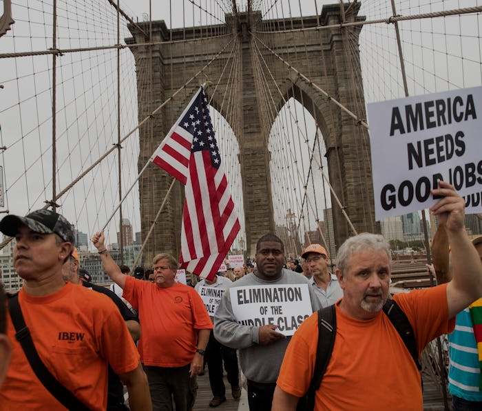 NEW YORK, NY - SEPTEMBER 18: Following a rally in Brooklyn's Cadman Plaza Park, hundreds of union me...