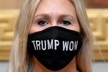 WASHINGTON, DC - JANUARY 3: 
Q Anon supporter Marjorie Taylor Greene (R-Ga.) sports a Trump Won mask...