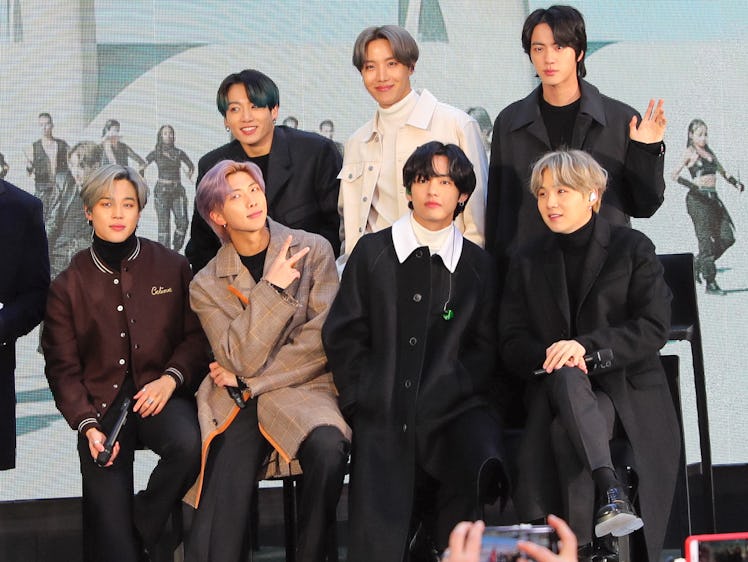 NEW YORK, NY - FEBRUARY 21: Jin, Suga, J-Hope, RM, Jimin, V and Jungkook of K-Pop band BTS are seen ...
