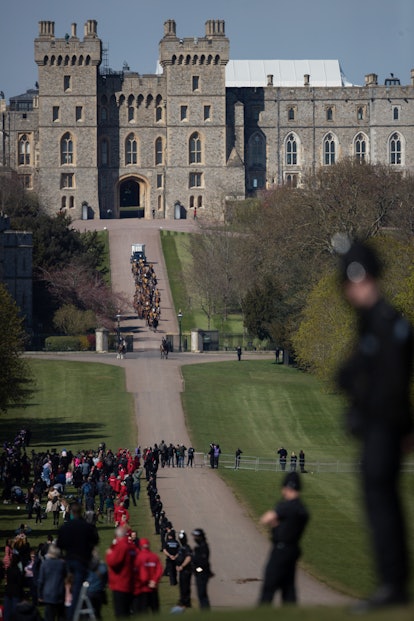 WINDSOR, ENGLAND - APRIL 17: The King’s Troop, Royal Horse Artillery depart Windsor Castle after the...