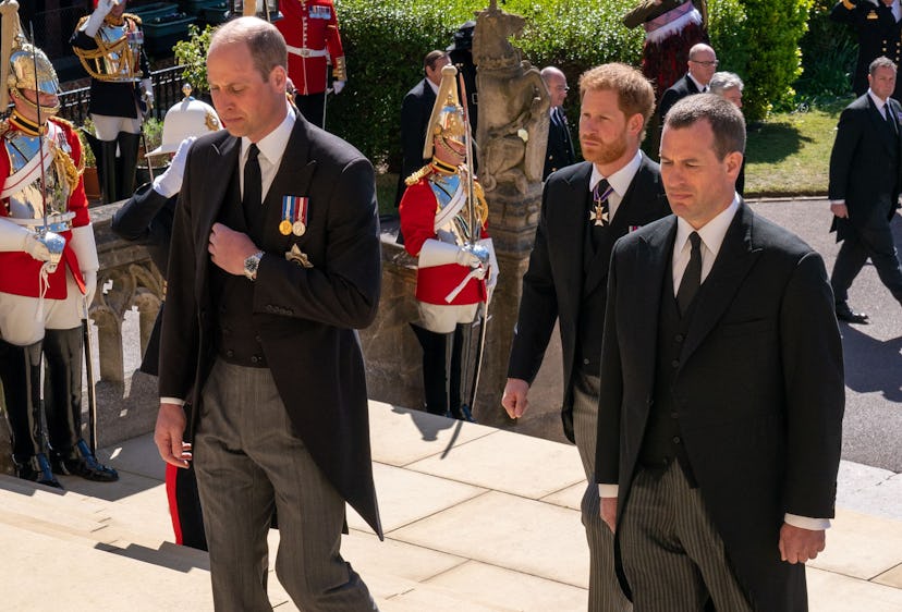 Britain's Prince William, Duke of Cambridge, (L), Britain's Prince Harry, Duke of Sussex, (C) and Pe...