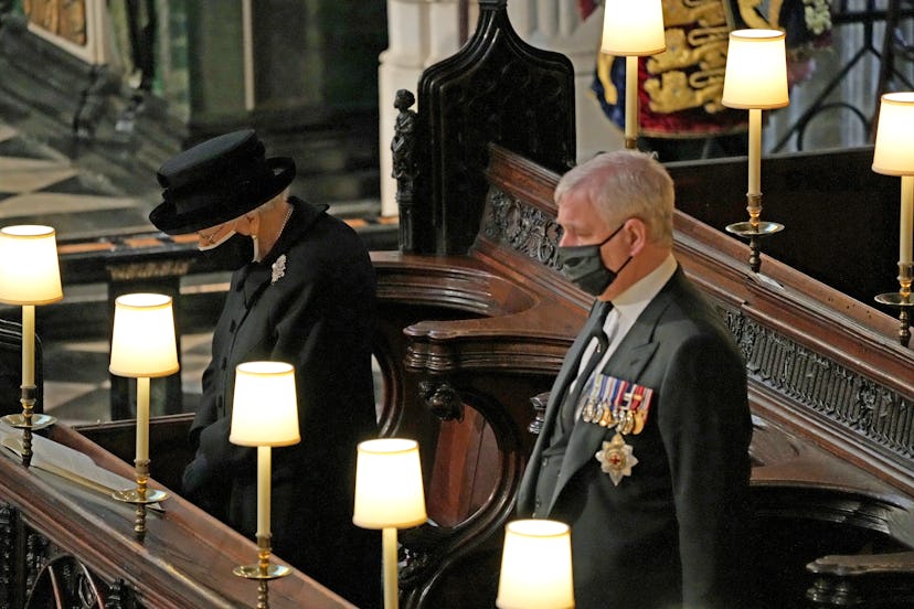 WINDSOR, ENGLAND - APRIL 17: Queen Elizabeth II and Prince Andrew, Duke of York attend the funeral o...