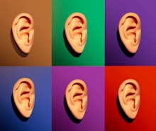 Set of 6 caucasian human ear models on 6 different color backgrounds