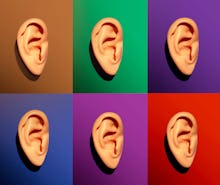 Set of 6 caucasian human ear models on 6 different color backgrounds