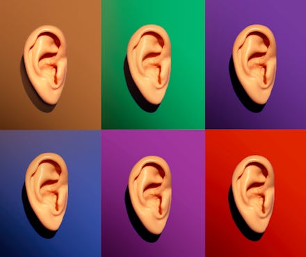 Set of 6 caucasian human ear models on 6 different color backgrounds