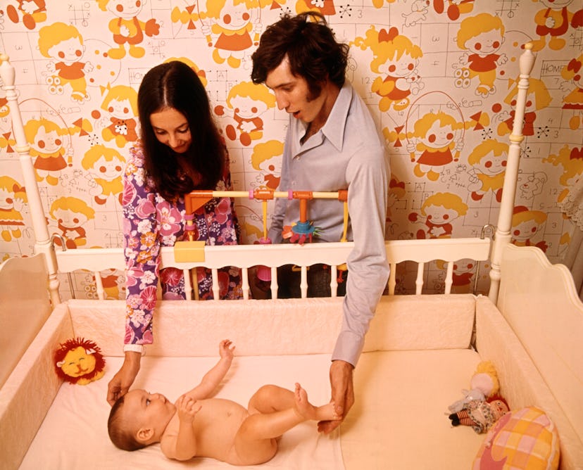 This 1970s baby nursery is full of bright colors and patterns.