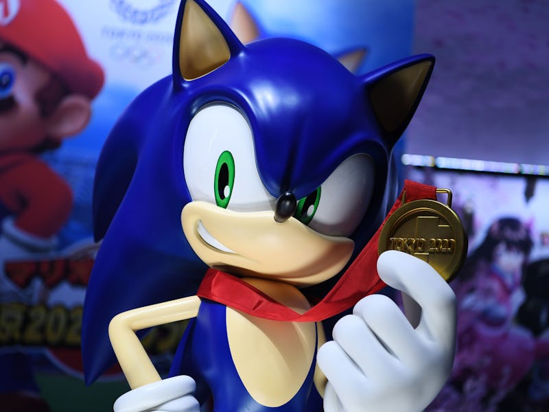 Character of Sega franchise Sonic the Hedgehog is seen at a promotional booth for the video game "Ma...