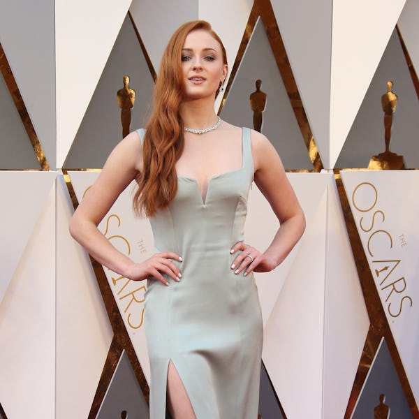 Sophie Turner attends the 88th Annual Academy Awards wearing Galvan.