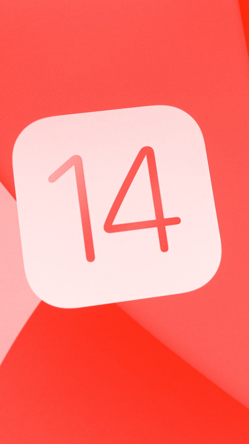 UKRAINE - 2020/10/14: In this photo illustration the iOS 14 logo of the iOS mobile operating system ...