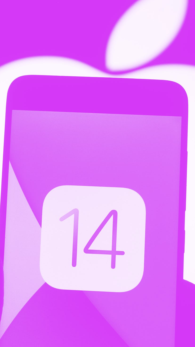 UKRAINE - 2020/10/14: In this photo illustration the iOS 14 logo of the iOS mobile operating system ...