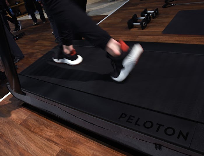 A detail shot shows the running deck of a Peloton Tread treadmill during CES 2018 at the Las Vegas C...
